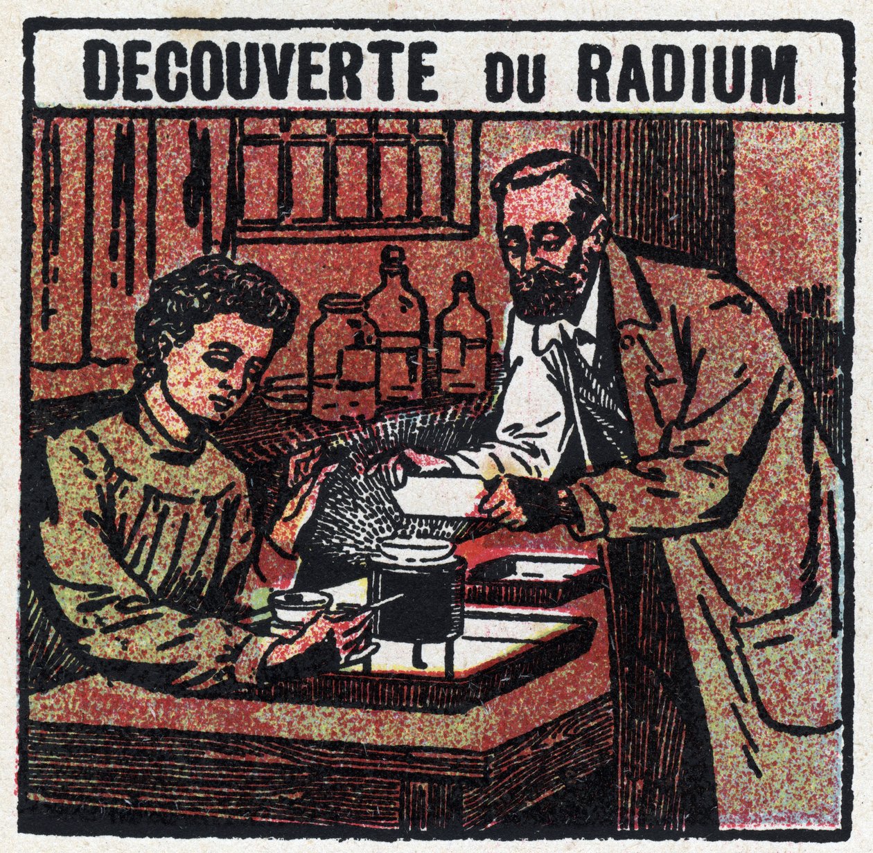 Radium: oppdaget radium av Pierre (1859-1906) og Marie Curie (1867-1934) i 1898. Anonym illustrasjon fra 1925. Privat samling. av Anonymous Anonymous