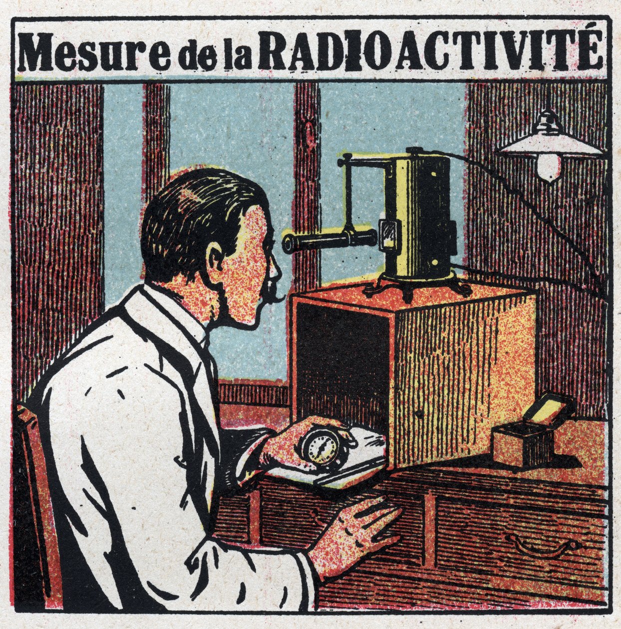 Radium: måling av radioaktivitet. Anonym illustrasjon fra 1925. Privat samling. av Anonymous Anonymous