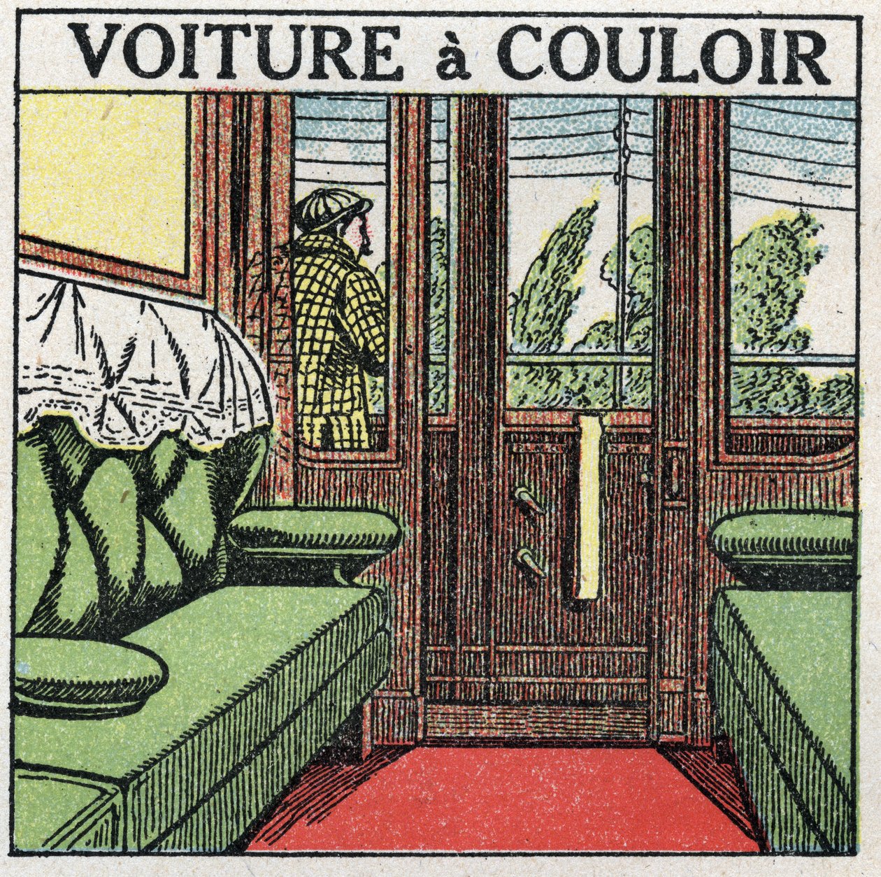 Jernbaner: korridorvogn. Anonym illustrasjon av 1925. Privat samling. av Anonymous Anonymous