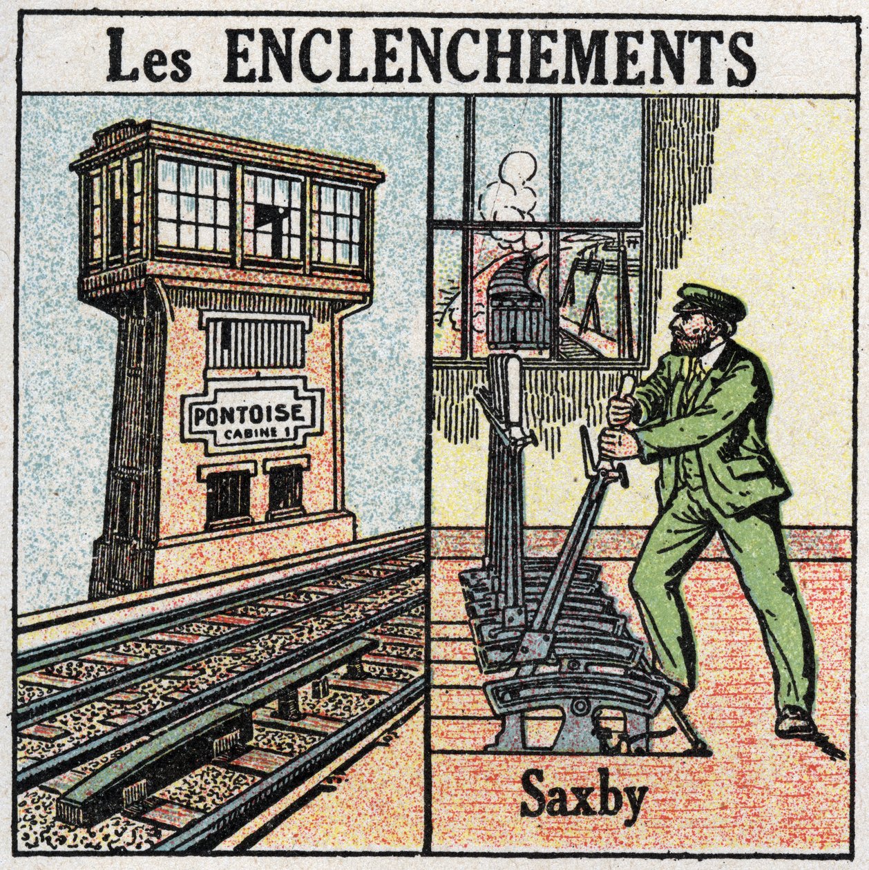 Jernbaner: sammenlåsende. En jernbane som bruker en Saxby-stasjon med individuelle spaker. Anonym illustrasjon fra 1925. Privat samling. av Anonymous Anonymous