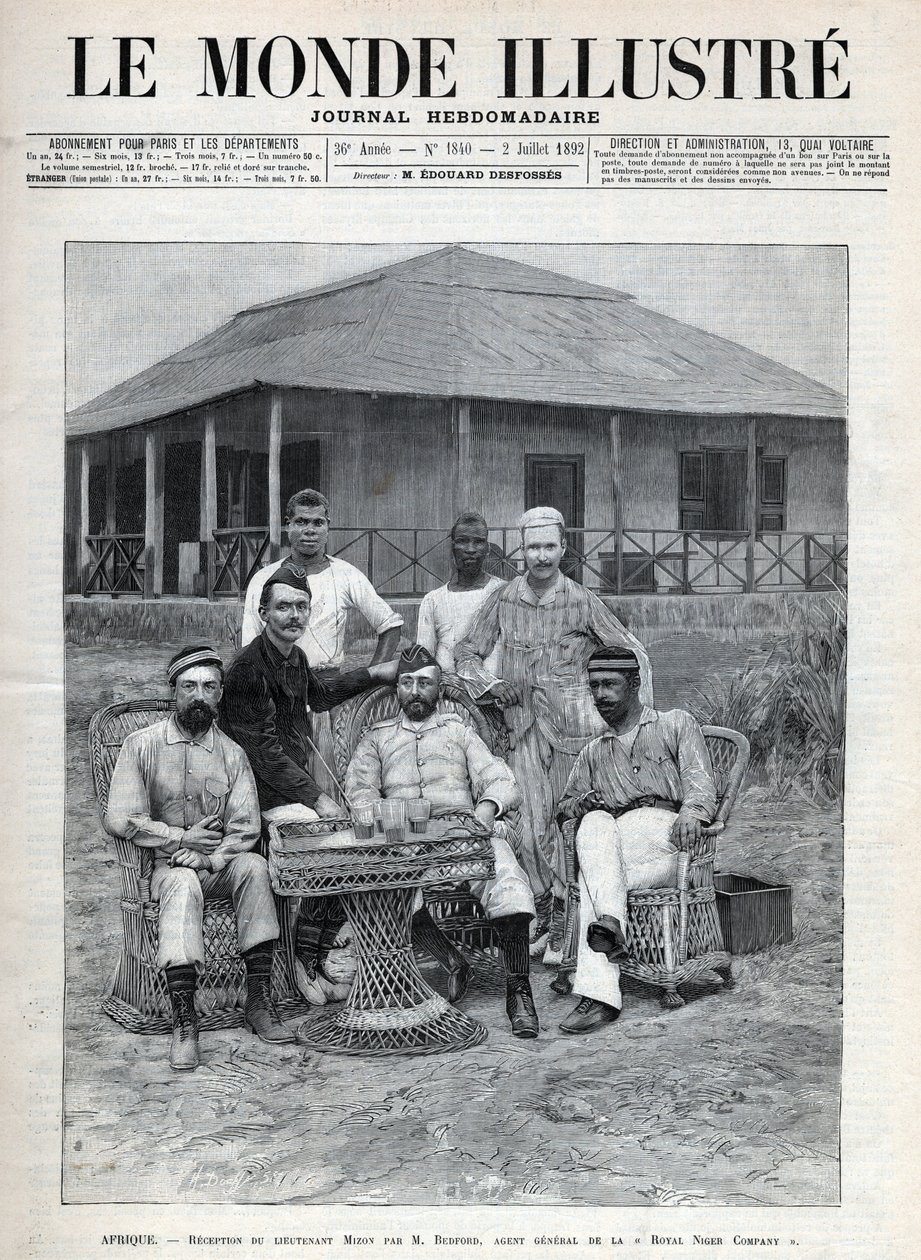Mottak av løytnant Mizon av Frederick Bedford (1838-1913), generalagent for Royal Niger Company. Den franske oppdageren Louis Alexandre Antoine Mizon (1853-1899) under sin reise til Vest-Afrika. En avis. Gravering i "Le monde illustree"" fra 1892. av Anonymous Anonymous
