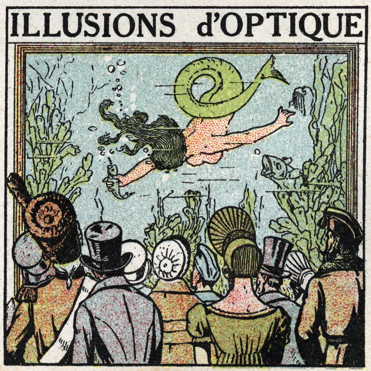 Refleksjon av lys: optisk illusjon. Bruke en iskrem for å gi en illusjon av en kvinne fisk. Anonym illustrasjon fra 1925. Privat samling. av Anonymous Anonymous