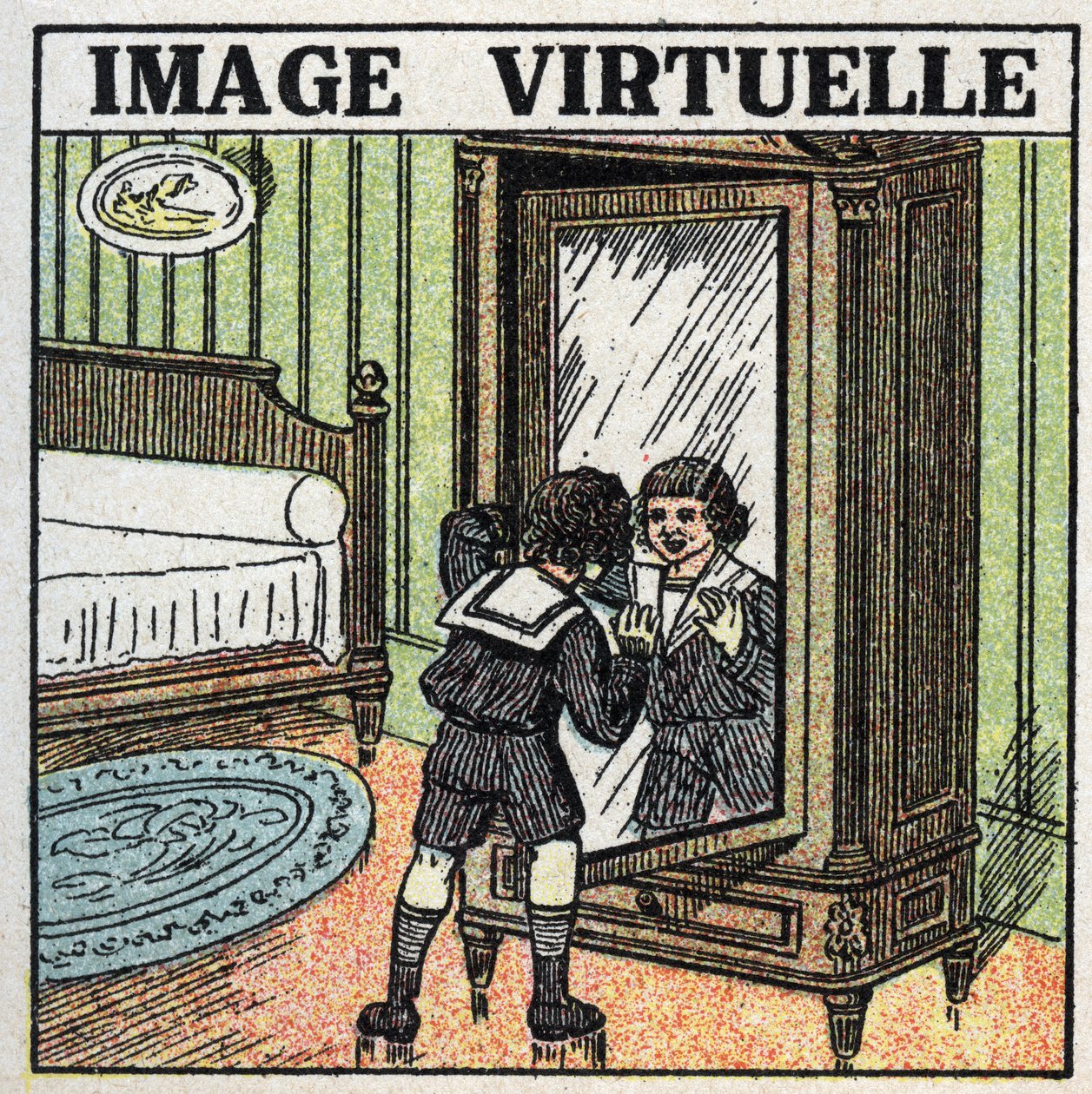 Refleksjon av lys: virtuelt bilde. Et barn som vurderer sin refleksjon i et speil. Anonym illustrasjon fra 1925. Privat samling. av Anonymous Anonymous