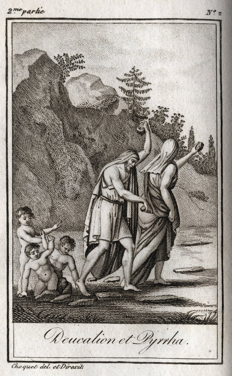 Representasjon av Deucalion og Pyrrha, de eneste overlevende etter syndfloden forårsaket av Zevs for å ødelegge menneskeslekten. Themis etter syndfloden ber dem gå med hodet dekket ved å kaste bak dem beinene til moren deres (jordens steiner) (Re av Anonymous Anonymous