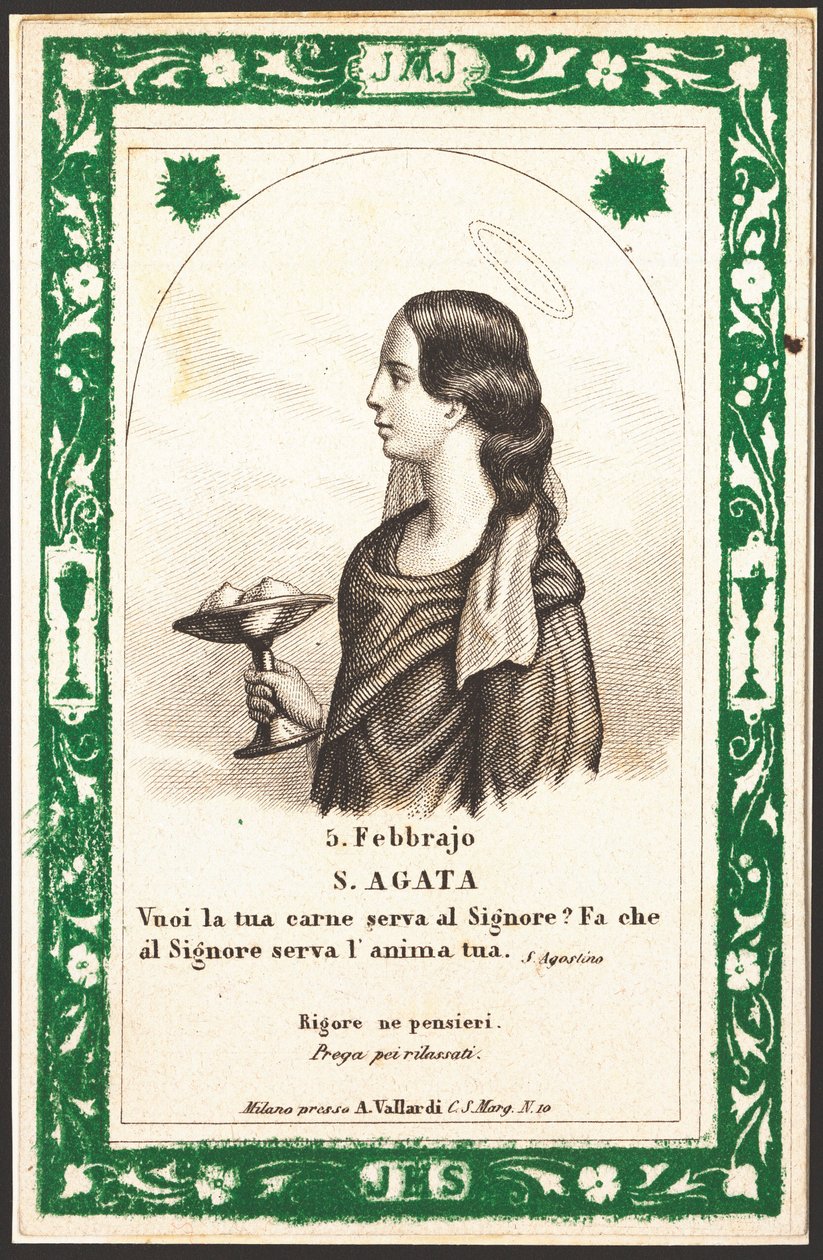 Representasjon av Saint Agatha Pious-bilde. Postkort. Begynnelsen av det 20. århundre. Privat samling av Anonymous Anonymous