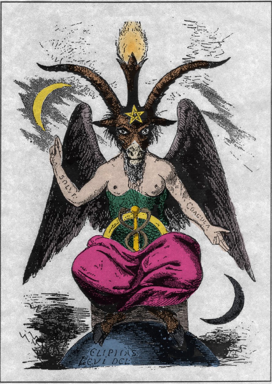 Representasjon av Baphomet: et monster med et geitehode og en kvinnekropp med alkymistiske sitater på armene "løse" og "koagula", en løvfellende mellom bena og et pentagram på pannen. Djevelen til Eliphas Levi (Alphonse Louis (Alphonse Lo av Anonymous Anonymous