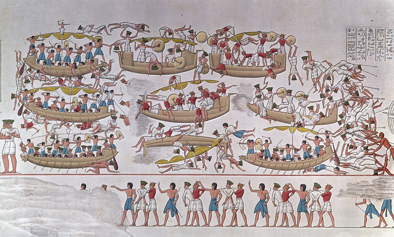 Representasjon av slaget ved Nildeltaet mellom Armees of Ramses III og Peoples of the Sea» Fra et relieff til begravelsestempelet til Medinet Habou, Egypt av Anonymous Anonymous