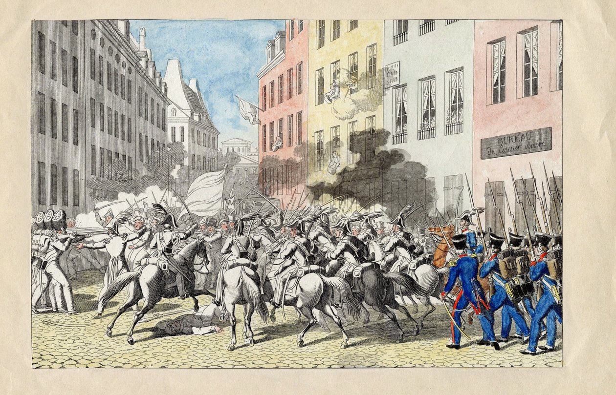 Revolution de Juillet 1830 a Paris (Juli-revolusjonen 1830) Anonym gravering og akvarell 1830 Dim 25,7x40,3 cm Privat samling av Anonymous Anonymous