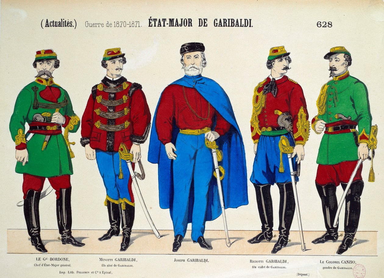 Risorgimento: Generalstaben til Giuseppe Garibaldi (1807-1882). Heltene til det italienske forenes er representert omgitt av hans to sønner Menotti og Riciotti, av general Bordone og oberst Canzio. Gravering rundt 1870 Paris, Musee Carnavalet av Anonymous Anonymous