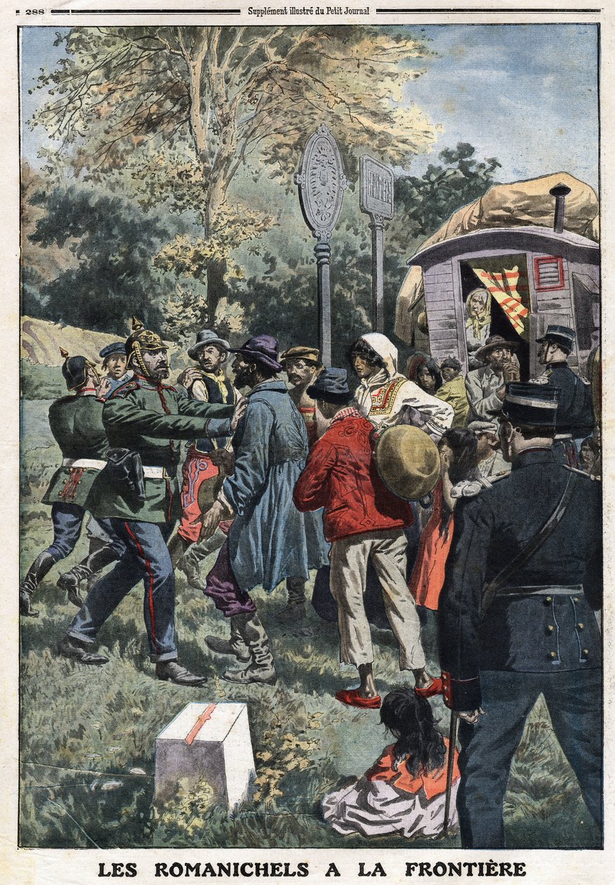 Romanichels på grensen: De franske gendarmene henviser nomadiske familier til den tyske grensen, eller tyske gendarmer stopper dem fra å trenge inn i landet deres. Gravering i "" Le Petite Journal"", den 8/09/1912. Privat samling. av Anonymous Anonymous