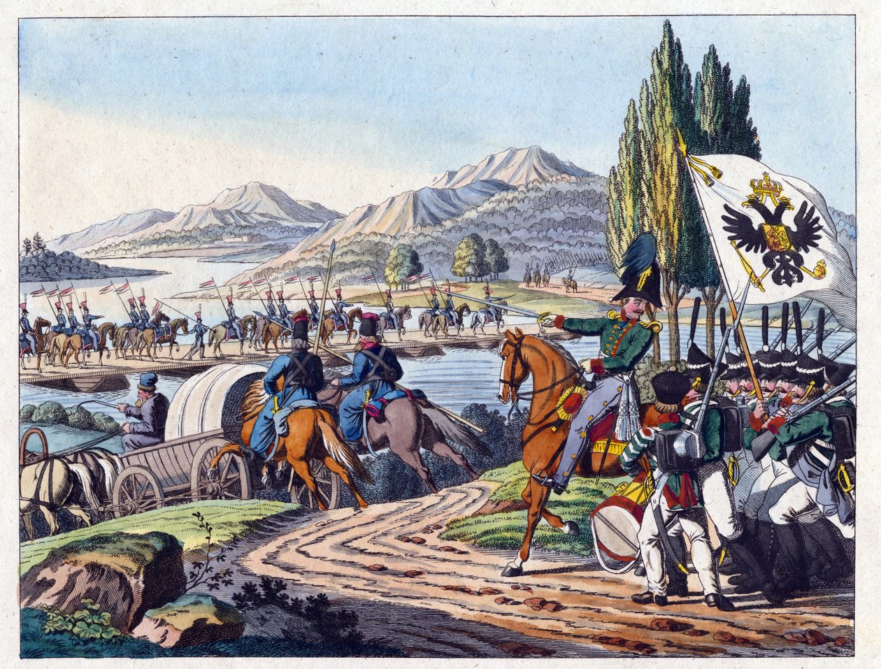 Russisk hær krysser Pruth-elven inn i Moldavia i mai 1828 - Anonym - 1829 - Etsning, akvarell - 37,9x24,4 - Privat samling av Anonymous Anonymous