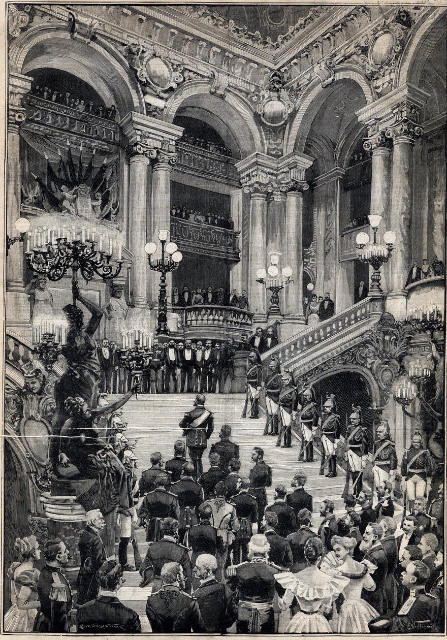 Russiske sjømenn klatrer den store trappen under en gallaaften på Opera Garnier i Paris. Gravering i "" Le Petit Parisien"" 29.10.1893. av Anonymous Anonymous