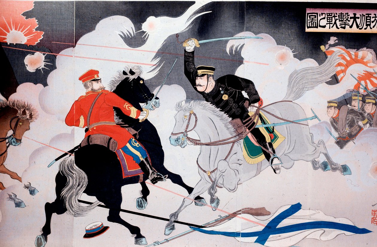 Russisk-japansk krig (1904-1905) Japansk trykk som viser slaget mellom to ryttere. Starten av det 20. århundres privatsamling av Anonymous Anonymous