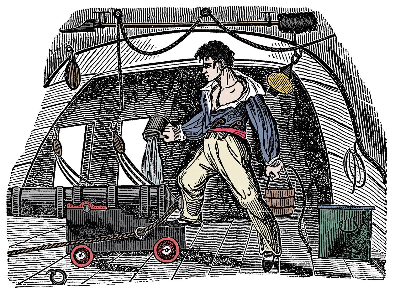 Sabotasje: En sjømann som kaster vann på krutt Gravering fra Charles Ellms «The Pirates Own Book» av Anonymous Anonymous