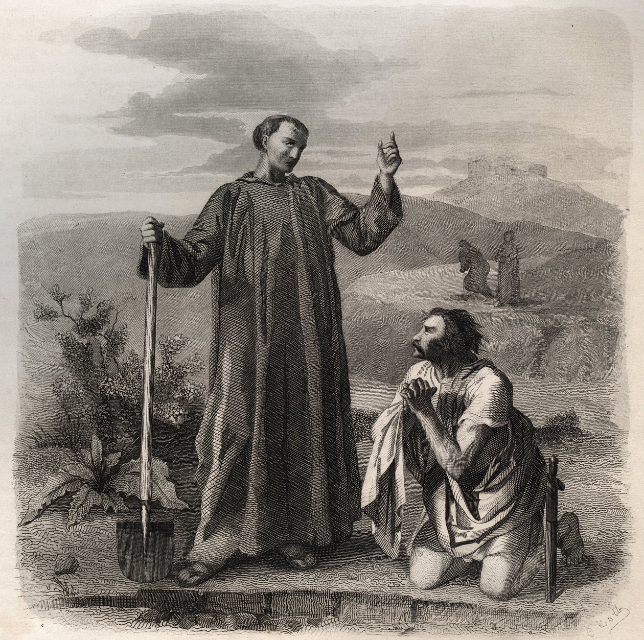 Saint Benedict of Nursia ønsker Totila (6. århundre) kongen av østgoterne velkommen. Gravering fra 1846 i "" Lives of the saints"". Privat samling. av Anonymous Anonymous