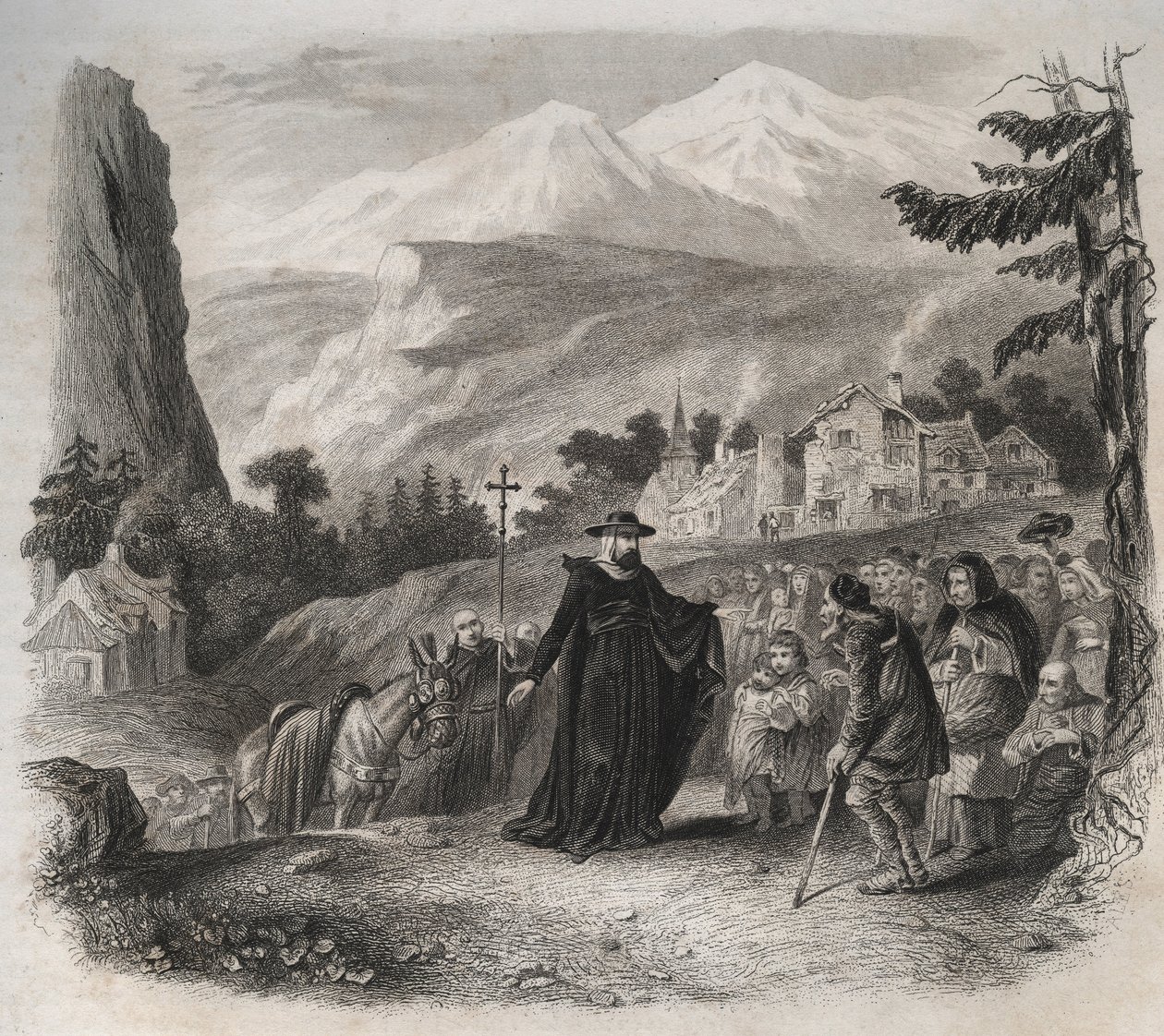 Saint Francois-de-Sales (Saint Francois de Sales) (1567-1622), eveque av Genève på et pastoralt besøk. Gravering fra 1846 i "" Lives of the saints"". Privat samling. av Anonymous Anonymous