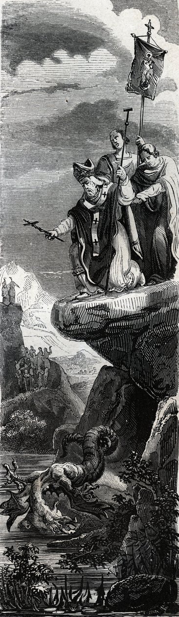 Saint Front (første evangelist av Perigord) (3. århundre) utfeller dragen i Dordogne - Gravering av 1846 i "" Lives of the saints""". Privat samling. av Anonymous Anonymous