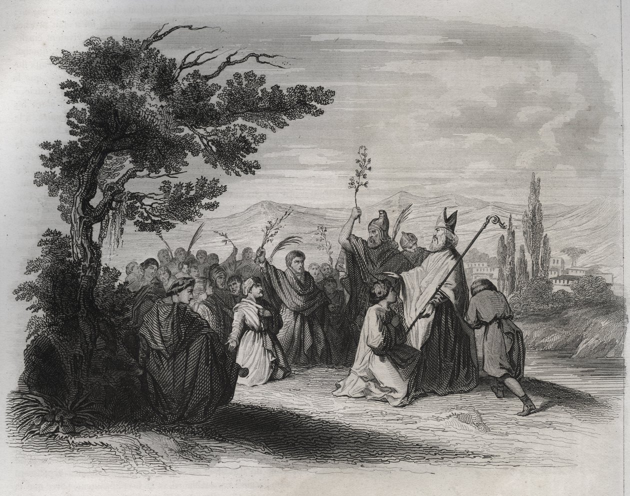 Saint Hilaire de Poitiers (310-368) på vei tilbake fra eksil. Gravering fra 1846 i “” Lives of the saints””. Privat samling. av Anonymous Anonymous