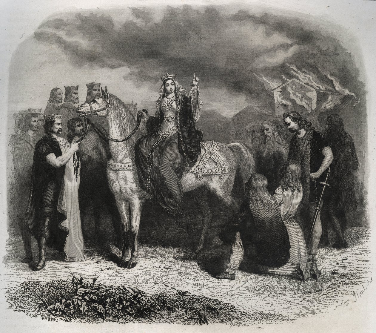 Saint Radegonde (Radegonde de Poitiers, 519-587) brente et Paian-tempel og konverterte gallerne til den kristne religionen. Gravering fra 1846 i "" Lives of the saints"". Privat samling. av Anonymous Anonymous