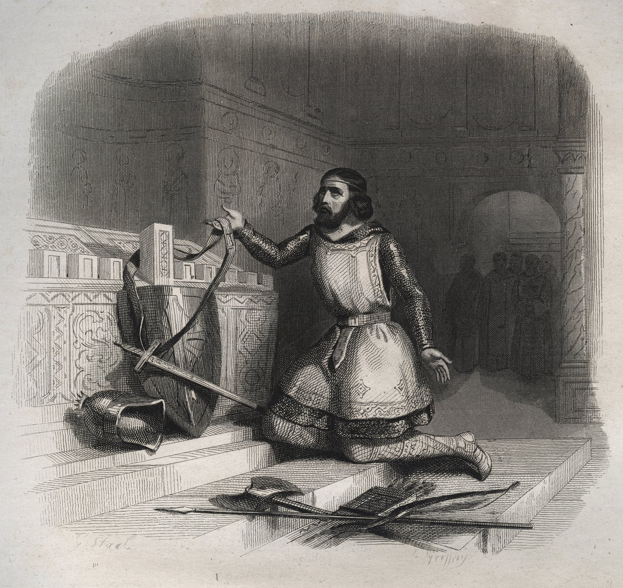 Den hellige Vilhelm av Aquitaine (Guilhem av Gellone) (ca. 750/755-812/815) legger armene på graven til Martyren Julianus i Brioude. Gravering fra 1846 i "" Lives of the saints"". Privat samling. av Anonymous Anonymous