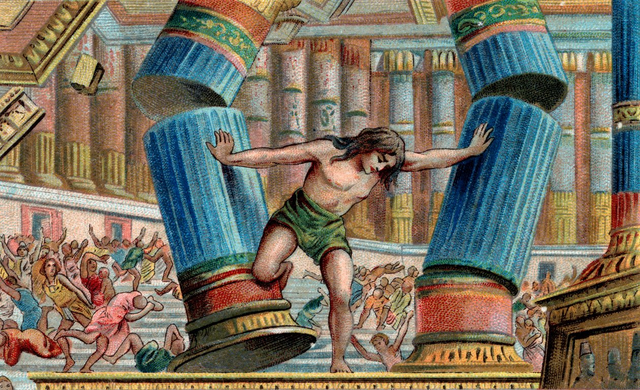 Samson tar ned Dagons tempel - Kromolitografi - Privat samling av Anonymous Anonymous