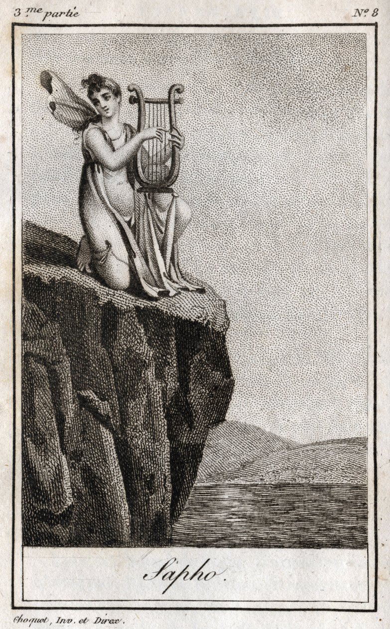 Sapho (or Sappho, 7th century BC), Greek poet of Antiquite. Engraving from 1819 in “Lettres a Emilie sur la mythologie” by Charles Albert Demoustier (1760-1801). Private collection. av Anonymous Anonymous