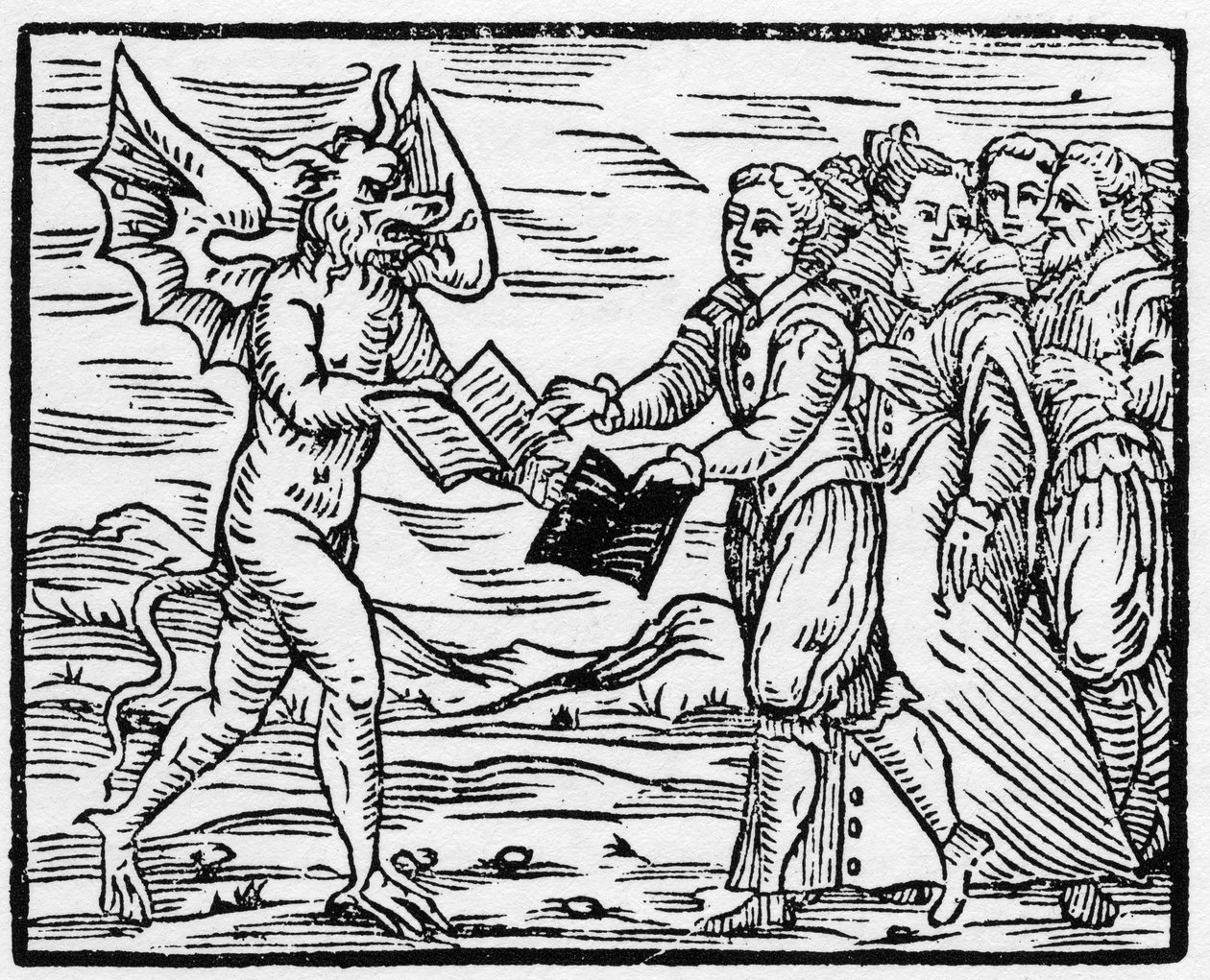 Satan presenterer en svart bok til tilhengere i bytte mot boken av evangeliene - "Compendium Maleficarum", omhandler hekser, deres ulykker og deres sorteringer av Francesco Maria Guazzo eller Guaccio eller Guaccius (15?? -16??) 1608 Private Colle av Anonymous Anonymous