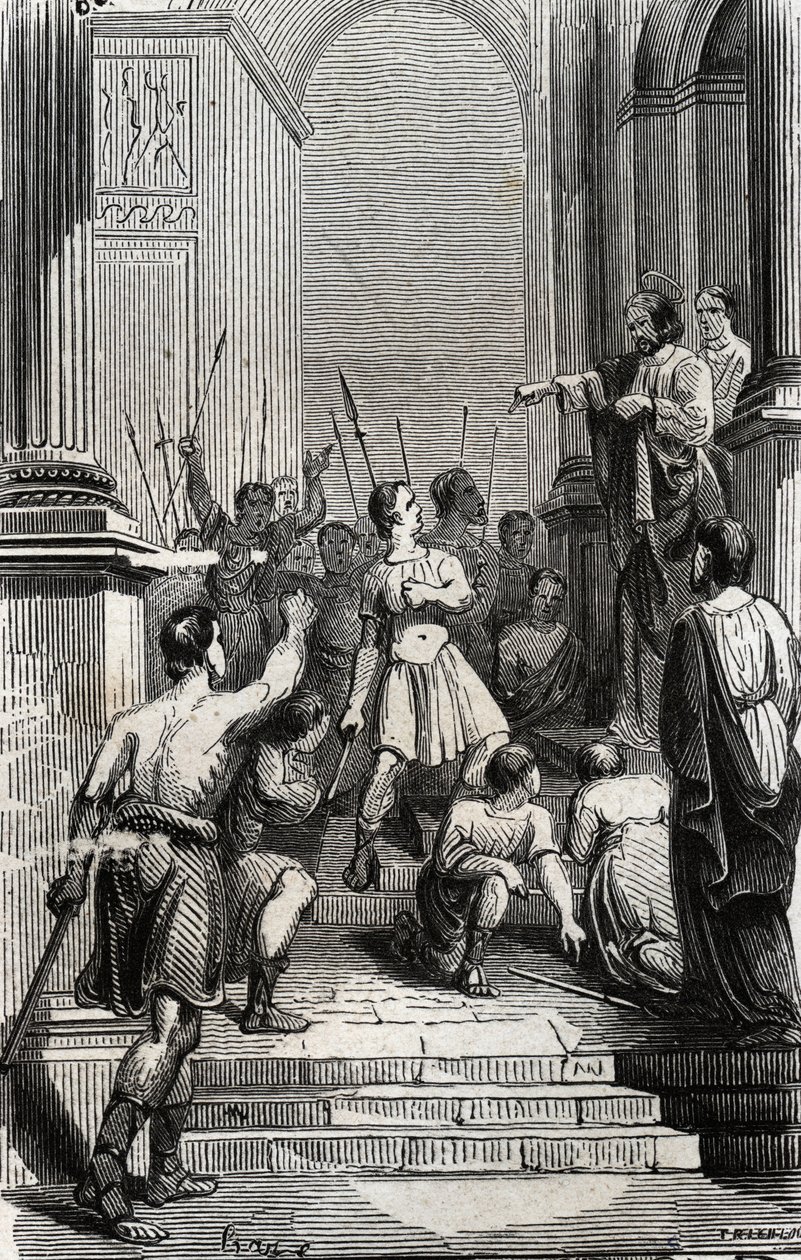 Saturnin av Toulouse (Saint Sernin, første kristne eveque av Toulouse) (3. århundre) stoppet ved hovedstaden i Toulouse - Gravering av 1846 i "Lives des saints"". Privat samling. av Anonymous Anonymous