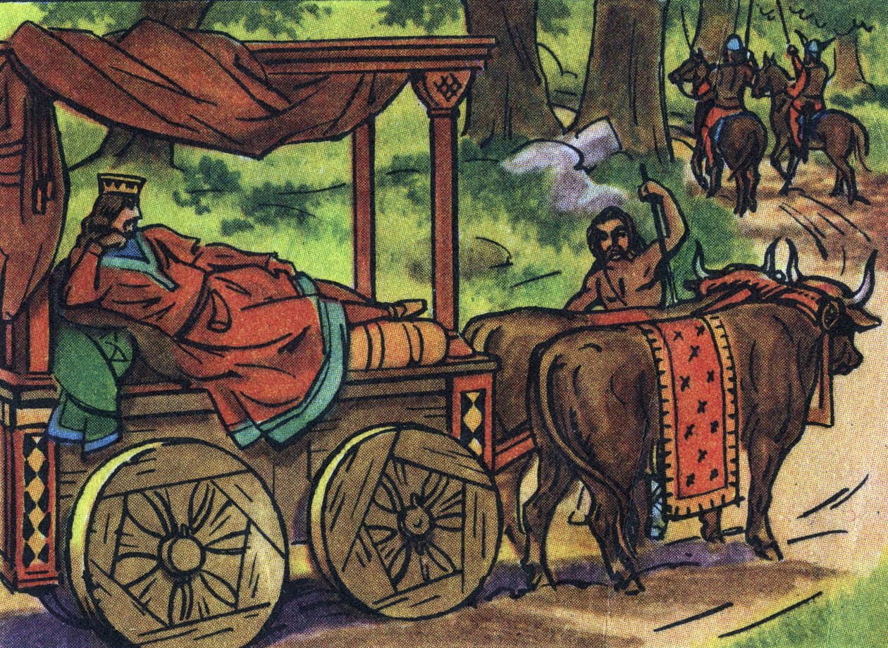 Scene som skildrer de late kongene: Kongen av Frankrike Thierry III (673-691) bærer i en tank med en seng trukket av okser. Anonym illustrasjon i "" Collection des souverains et chefs d