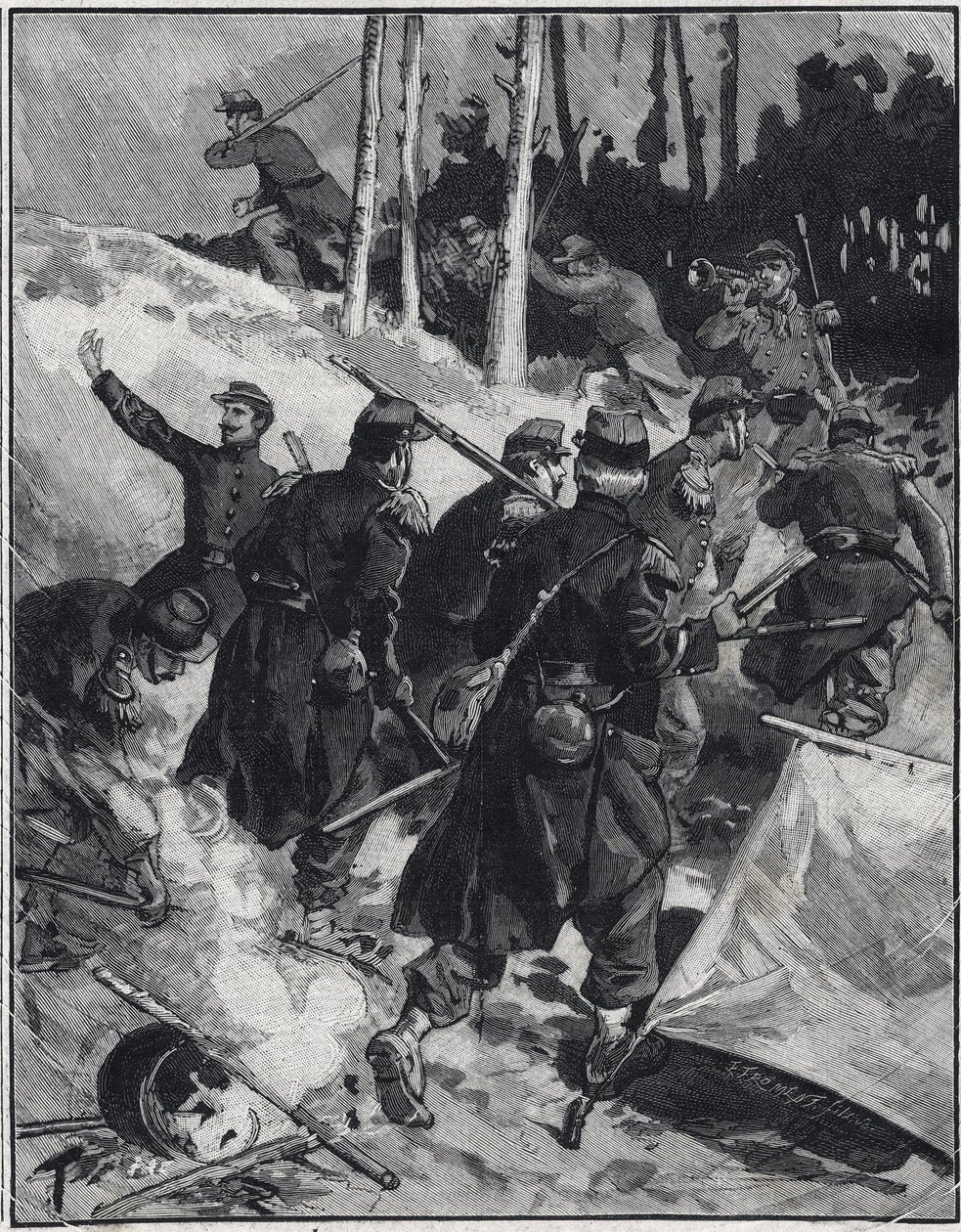 Scene i romanen av Emile Zola (1840-1902) "The Debacle"". Gravering i "" Le petit parisien"" 28.02.1892. Privat samling av Anonymous Anonymous