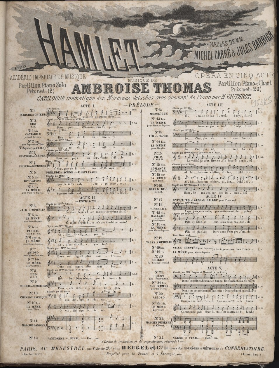 Partitur av "" HAMLET"" Opera av Ambroise Thomas i fem akter på en libretto av Jules Barbier & Michel CarreCollection privat. av Anonymous Anonymous