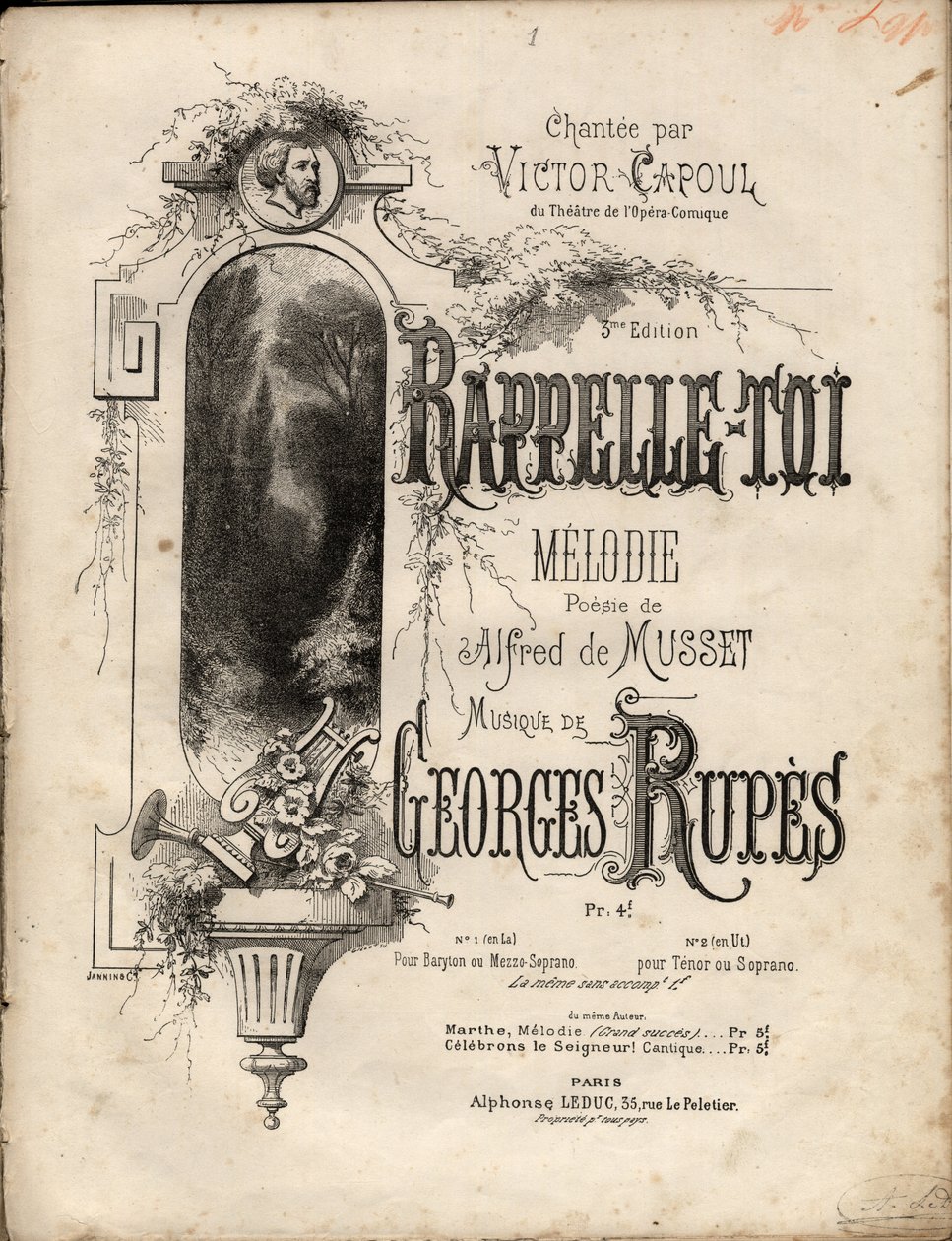 Partitur av "" husk-se"" melodi av Georges Rupes etter en dikt av Aldre de Musset. Privat samling. av Anonymous Anonymous