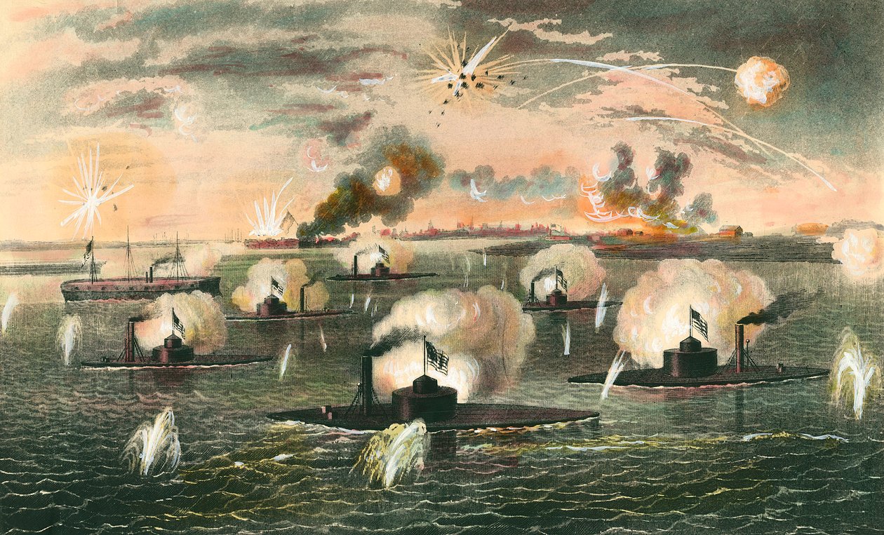 Sesession War (1861-1865): “” Angrep av flytende batterier slagskip under løsrivelseskrigen”” Gravering rundt 1865. Privat samling av Anonymous Anonymous