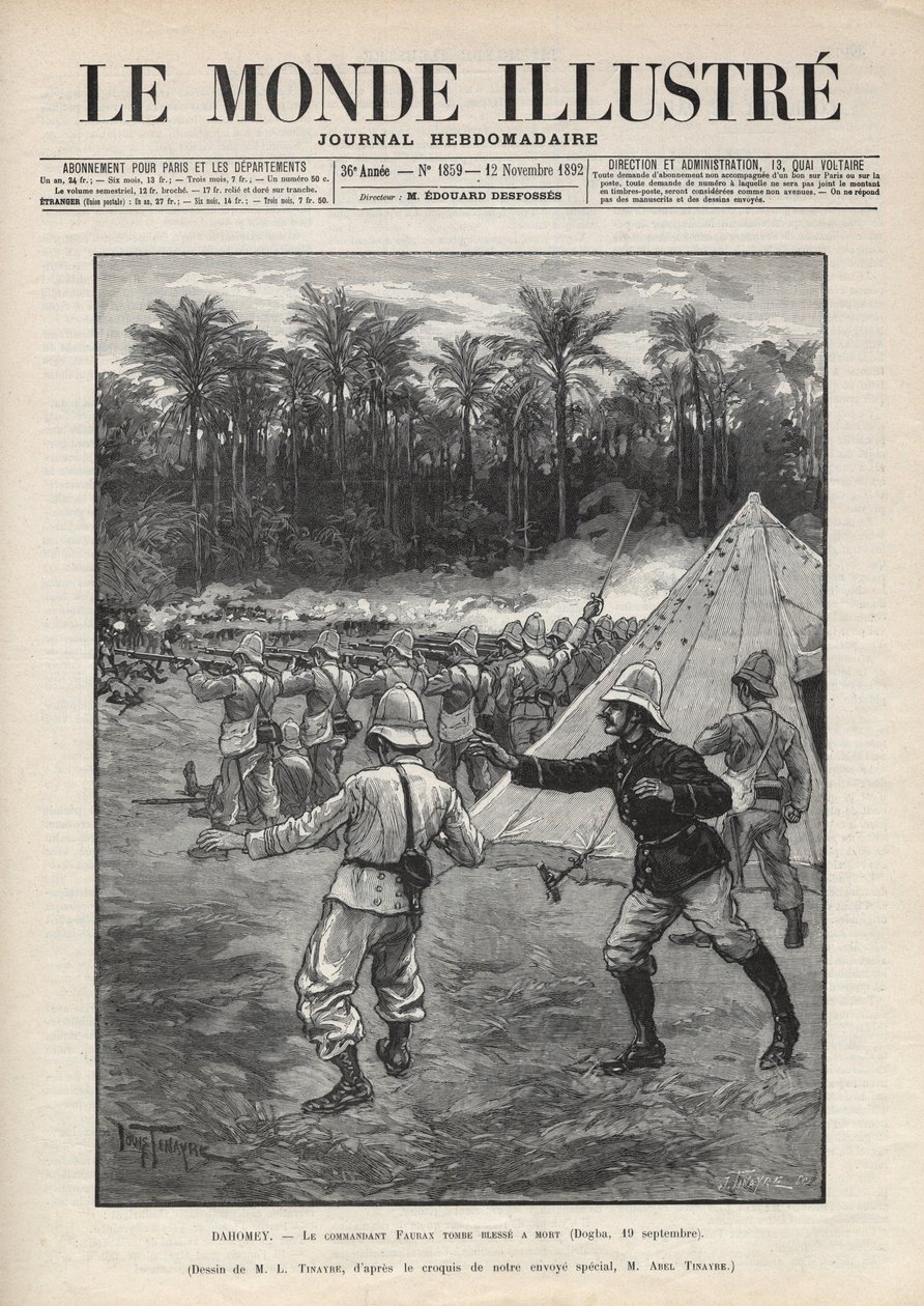 Andre Dahomey-krig (1892-1894): den franske sjefen Faurax død under slaget ved Dogba 19. september 1892 i Dahomey (nå Benin). En avis. Gravering i “Le monde illustree”” fra 1892. Privat samling. av Anonymous Anonymous