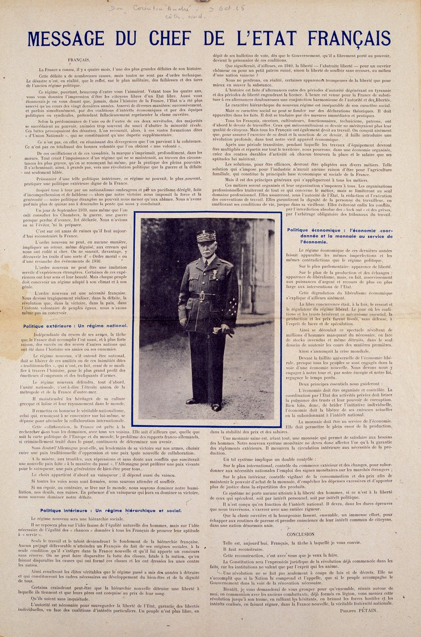 Andre verdenskrig og Vichy-regimet: melding fra det franske statsoverhodet Philippe Petain publisert etter våpenhvilen undertegnet av Frankrike i juni 1940 og presenterer programmet for den nasjonale revolusjonen, høsten 1940. Privat samling av Anonymous Anonymous