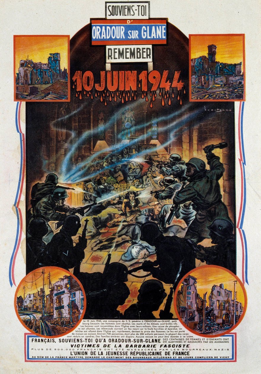 Andre verdenskrig: plakat til minne om massakren av Oradour-sur-Glane (Oradour sur Glane) i Øvre Wien 10.06.1944. Denne landsbyen ble ødelagt etter at to tyske offiserer ble tatt til fange av motstanderne. 1944 Paris, Museum for de to verdenskrigene av Anonymous Anonymous