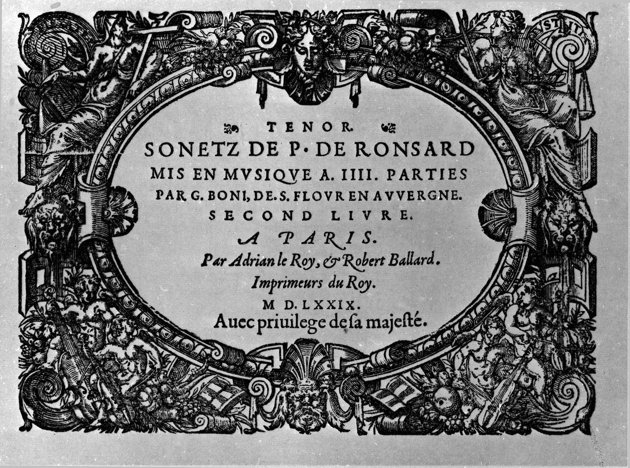 Andre bind av sonettene til den franske poeten Pierre de Ronsard (1524-1585) satt til musikk av Guillaume Boni. Paris 1579 av Anonymous Anonymous