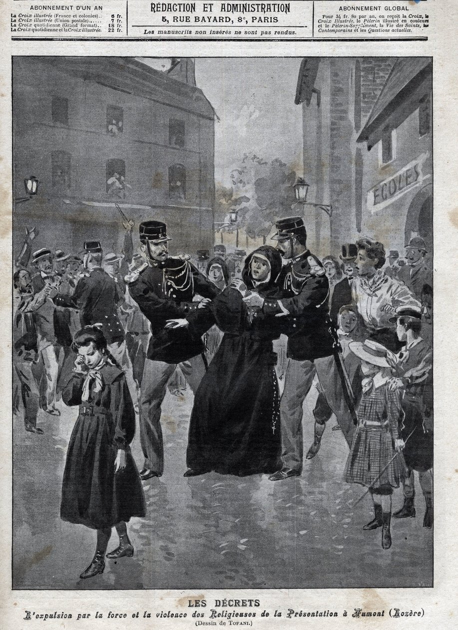 Separation from church and state - Expulsion of nuns from their schools by law enforcement in Humont (Lozere) - cover of “la-croix illustree” of 1902 - av Anonymous Anonymous