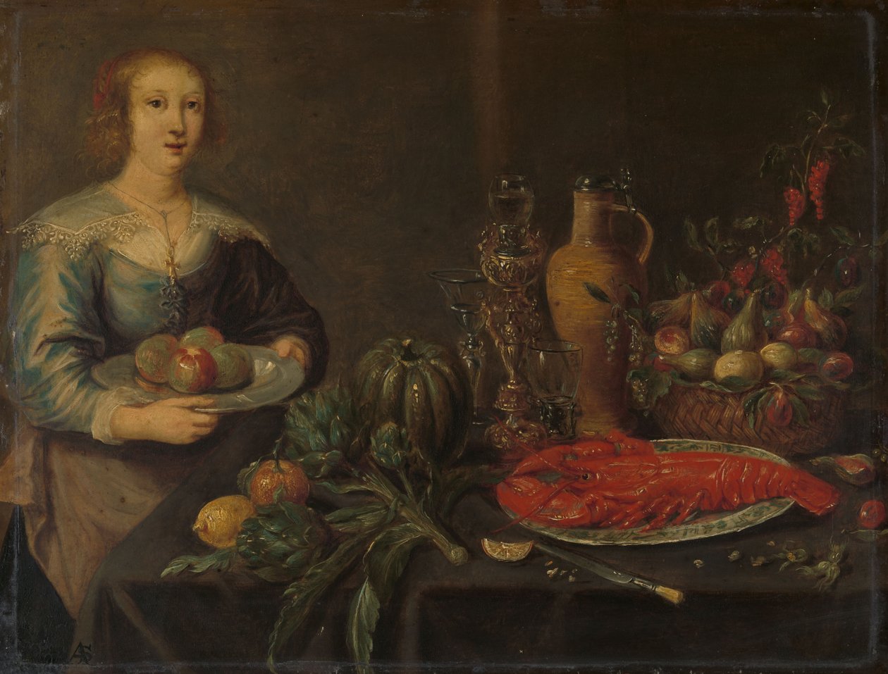 Tjener ved et spiskammerbord, ca. 1635–1645 (olje på kobber) av Anonymous Anonymous
