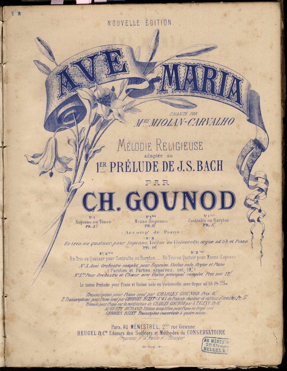 Noter til "" Ave Maria"". Religiøs melodi tilpasset Au 1er Prelude Av J.S. Bach. av Charles Gounod. Privat samling. av Anonymous Anonymous