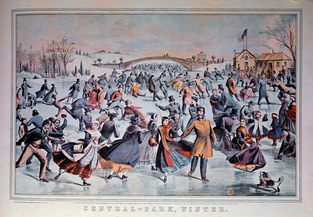 Skøyter på den frosne innsjøen Central Park i New York City, USA. Privatsamling fra 1800-tallet av Anonymous Anonymous