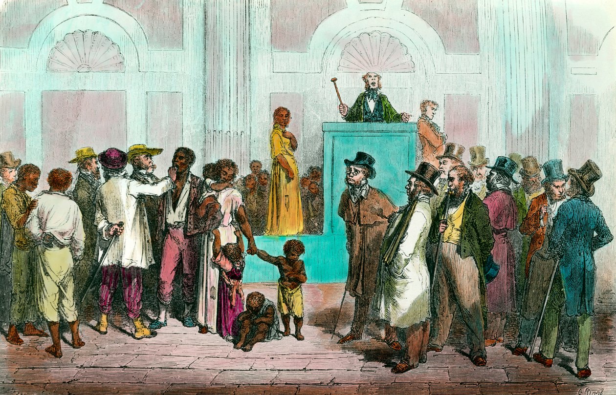 Slaveri: "" Et salg av slaver i USA""" Gravering fra 1800-tallet. Privat samling av Anonymous Anonymous