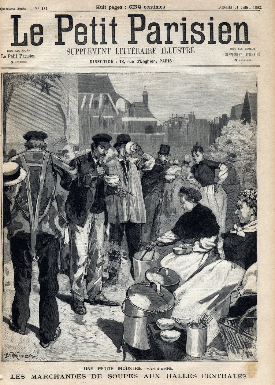 Liten parisisk industri: suppehandlere på de sentrale markedene. Gravering. En av avisen "" Le petit parisien"" den 31.07.1892. Privat samling av Anonymous Anonymous