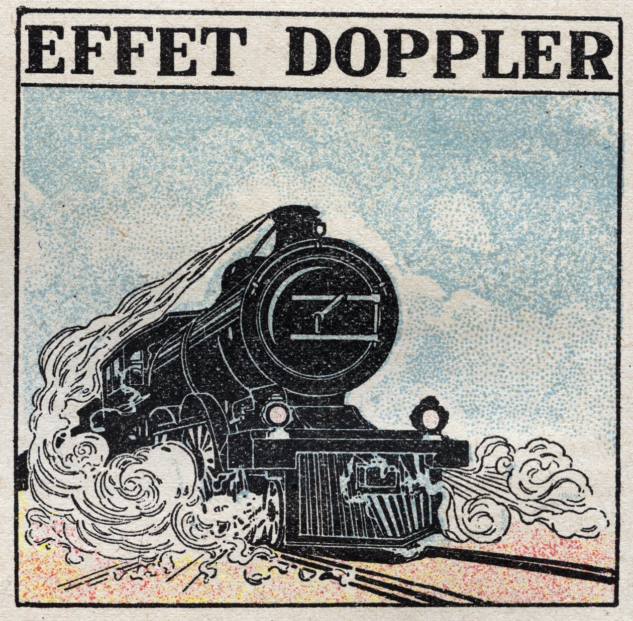 Lydenergi: Dopplereffekt fremhevet i 1842 av Christian Andreas Doppler (1803-1853). Fløyten til et lokomotiv har en skarp lyd når den kommer og blir kraftig når den beveger seg unna. Anonym illustrasjon fra 1925. Privat samling. av Anonymous Anonymous