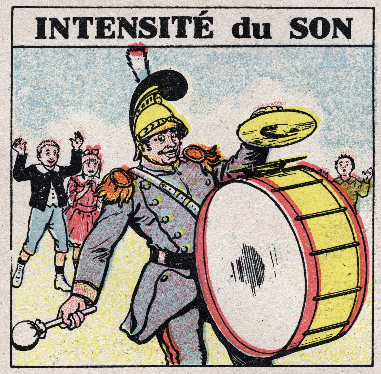Sound energy: intense sound. The bass drum of a military band. Anonymous illustration from 1925. Private collection. av Anonymous Anonymous