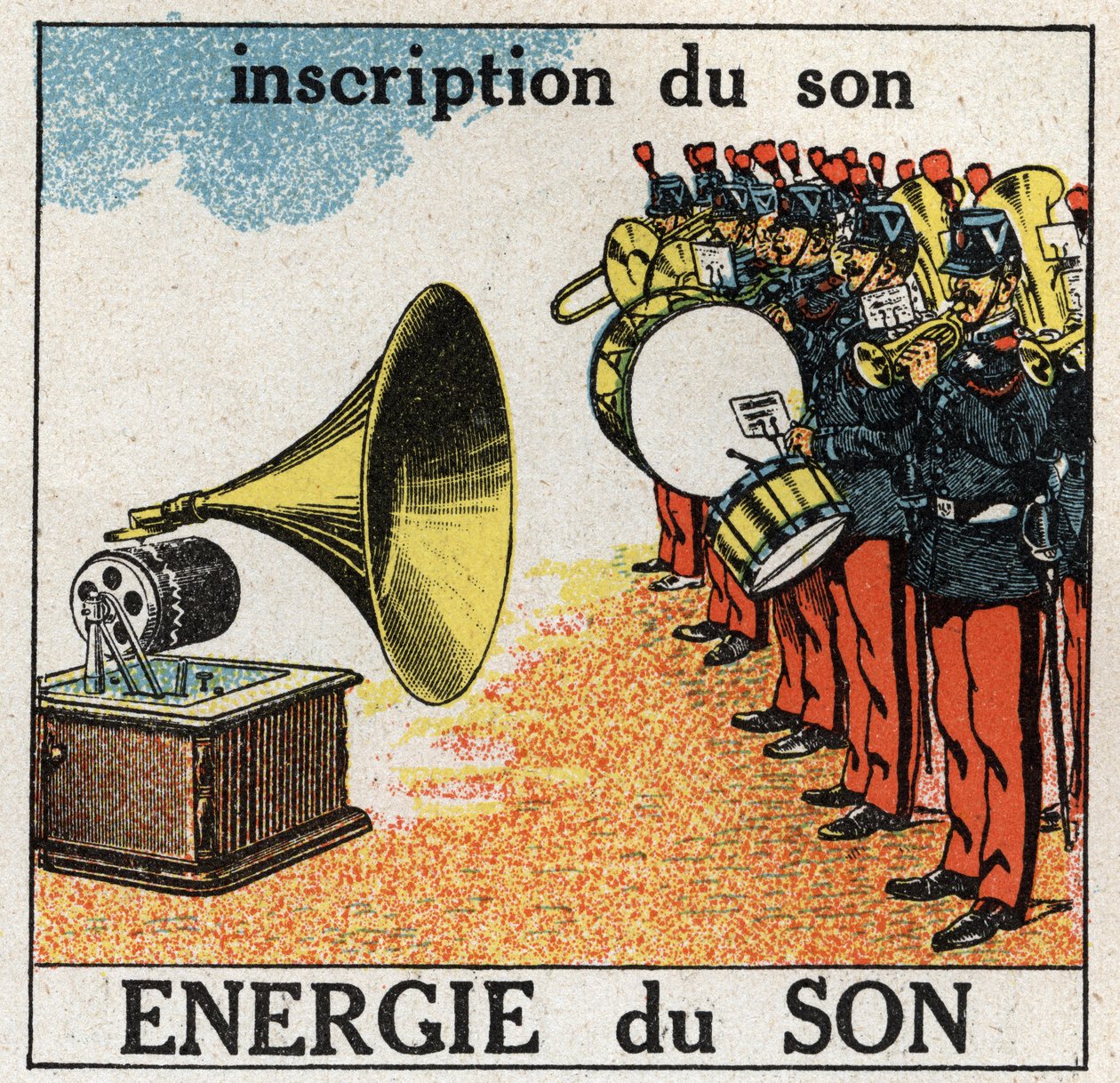 Lydenergi: opptak av musikken til et militærband med en grammofon. Anonym illustrasjon fra 1925. Privat samling. av Anonymous Anonymous