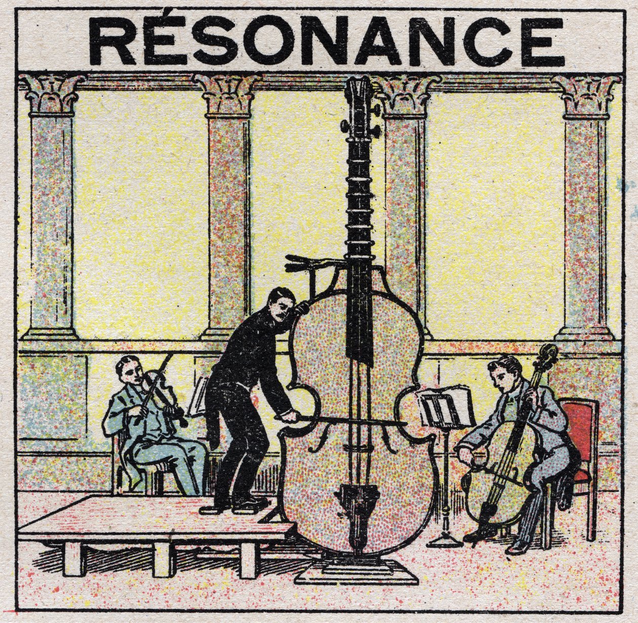 Lydenergi: resonans brukt i etableringen av musikkinstrumenter. Anonym illustrasjon fra 1925. Privat samling. av Anonymous Anonymous