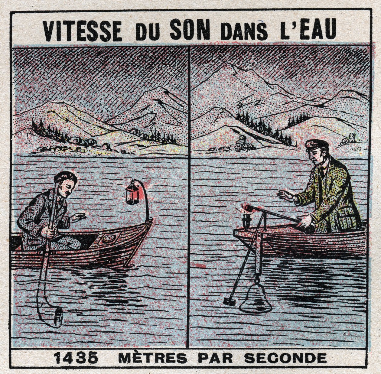 Sound energy: speed of sound in water. Experience of 1826-1827 by Jean Daniel (Jean-Daniel) Colladon (1802-1893) and Charles Francois Sturm (1803-1855) on Lake Geneva (Leman Lake). Two boats moored 14 km apart, one of the boats supported a bell, a hammer h av Anonymous Anonymous