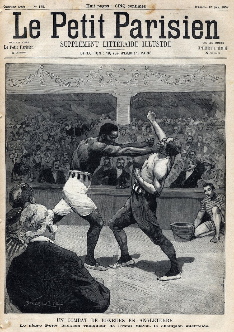 Sport, Boxing: En bokserkamp i England mellom Peter Jackson og den australske mesteren Frank Slavin. Gravering. En av avisen "" Le petit parisien"" den 12.06.1892. Privat samling av Anonymous Anonymous