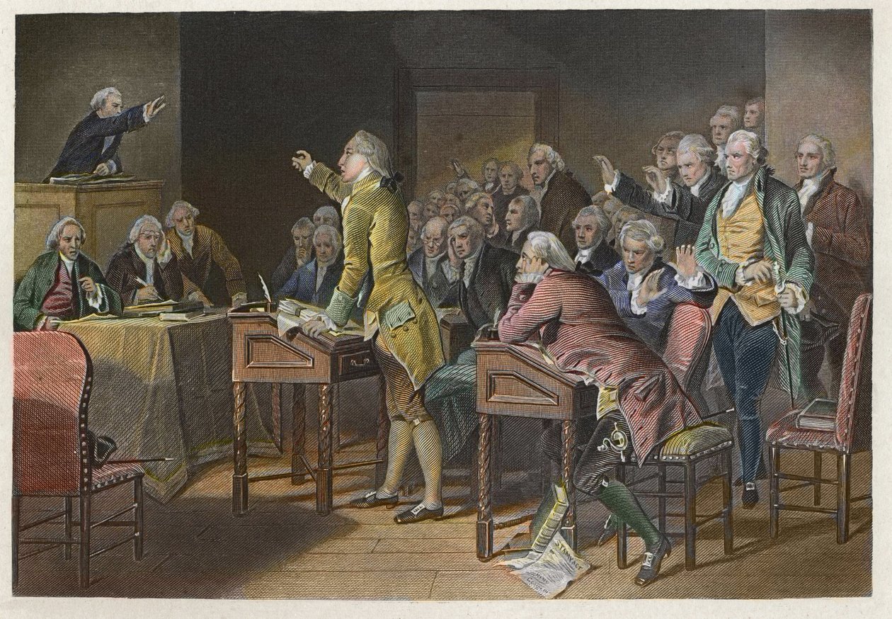 Stamp Act (Duties in American Colonies Act) - Den amerikanske revolusjonslederen Patrick Henry (1736-1799) uttalte seg mot Stamp Act i Virginia House of Burgesses i 1765 - Tale av Patrick Henry mot Stamp Act i 1765 før House of av Anonymous Anonymous